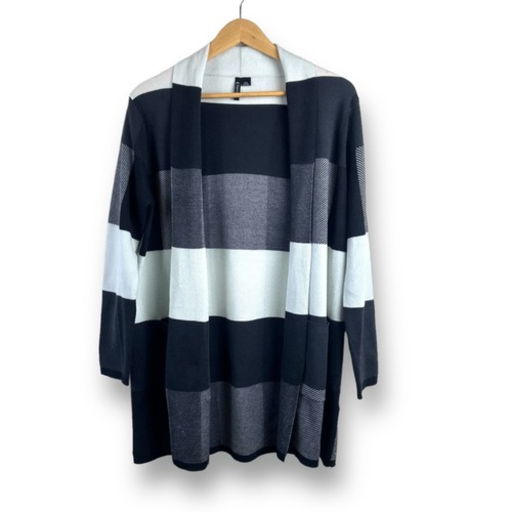 Ethyl Womens Colorblock Open Front Longline Cardigan Sweater Black White Grey